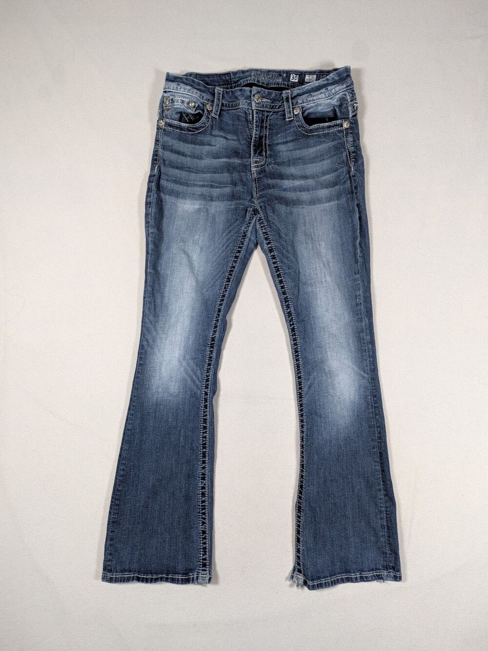 Miss Me Mid Rise Easy Boot Distressed Blue Denim Jeans Dark Wash Size 30